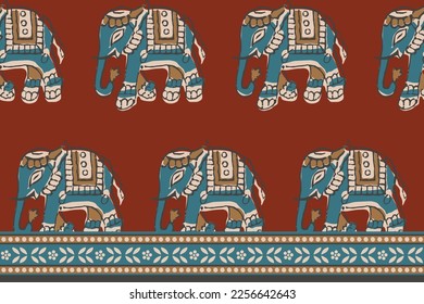 HAND DRAWN ELEPHANT PATTERN WITH BORDER AJRAKH BAGRU SANGANER BLOCK PRINT AND BATIK PRINT DIGITAL PRINT SEAMLESS TEXTILE PATTERN IN EDITABLE FILE