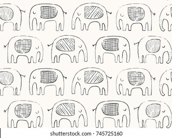 Hand drawn elephant pattern. Doodle elephant silhouette line drawing. Vector seamless background in black and ivory. 