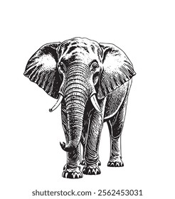 Hand drawn elephant, sketch graphics monochrome illustration on white background