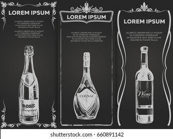 Hand drawn elite alcohol drinks banners template. Drawing poster template for bar menu. Vector illustration