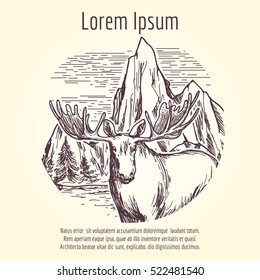 Hand drawn elk on mountain landscape vector. Tourist logo or banner design