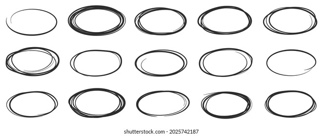 Hand drawn ellipse doodles, sketch pencil oval frames. Black outline round shapes doodle drawing, scribble brush stroke circles vector set. Empty speech bubbles for messages or reminders