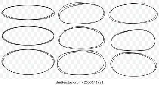 Hand drawn ellipse doodles, sketch pencil oval frames. Black outline round shapes doodle drawing, scribble brush stroke circles vector set. Empty speech bubbles for messages or reminders. eps 10.