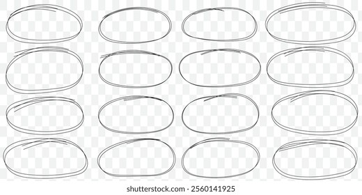 Hand drawn ellipse doodles, sketch pencil oval frames. Black outline round shapes doodle drawing, scribble brush stroke circles vector set. Empty speech bubbles for messages or reminders. eps 10.