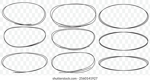 Hand drawn ellipse doodles, sketch pencil oval frames. Black outline round shapes doodle drawing, scribble brush stroke circles vector set. Empty speech bubbles for messages or reminders. eps 10.