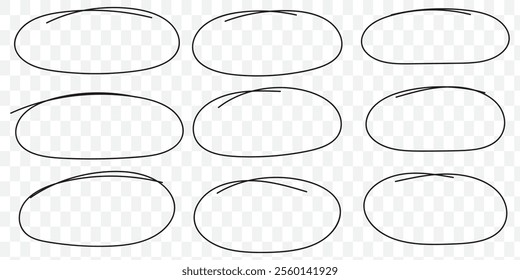 Hand drawn ellipse doodles, sketch pencil oval frames. Black outline round shapes doodle drawing, scribble brush stroke circles vector set. Empty speech bubbles for messages or reminders. eps 10.