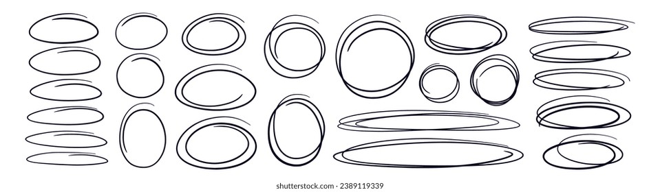 Hand drawn ellipses and circles set. Scribble doodle elements for highlight text, frames. Marker line for design messages, logo, notes labels