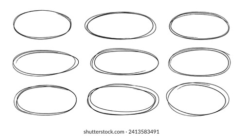 Hand drawn ellipses set. Doodle drawing ovals and bubbles elements with space for text. Collection of different frame in black brush stroke isolated on white background. Various ellipse element.Vector