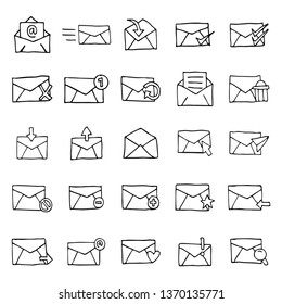 Hand drawn email icons, vector set of envelope signs