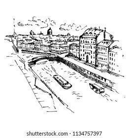 Hand drawn embankment of the Moika River Saint-petersburg, Russia. Vector illustration. Sketch.