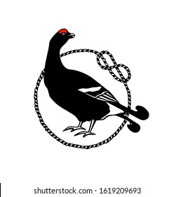 Hand drawn emblem with black grouse in nautical rope frame made in vector. Beautiful animal design elements, ink drawing, logo template