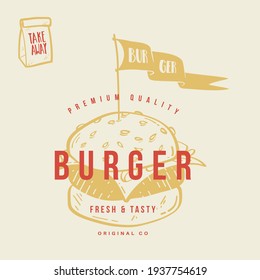 
Hand drawn emblem, burger logo, sticker illustration in doodle style