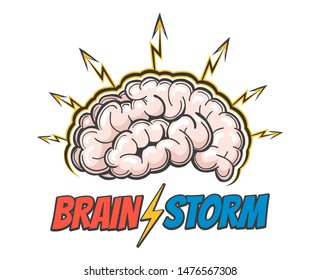 Hand Drawn Emblem of Human brain with lightnings and wording Barin Storm. Good idea, brain activity, insight. Vector illustration