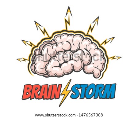 Hand Drawn Emblem of Human brain with lightnings and wording Barin Storm. Good idea, brain activity, insight. Vector illustration