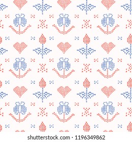 Hand Drawn Embroider Tulip Stitches Seamless Vector Pattern. Cross Stitch Illustration for Summer Fashion Prints, Christmas Gift Wrap, Trendy Craft Packaging or Retro Home Sweet Home Design