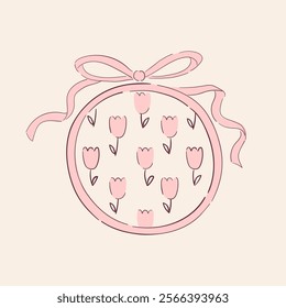 Hand drawn embroidery hoop with pink bow in coquette style. Vintage line art drawing of girl's hobby. Vector illustration