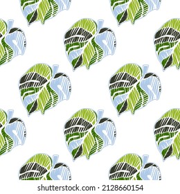 Hand drawn embroidery monstera leaves tropical seamless pattern. Palm leaf endless wallpaper. Creative exotic hawaiian jungle backdrop. Rainforest endless background. Design for fabric, textile print