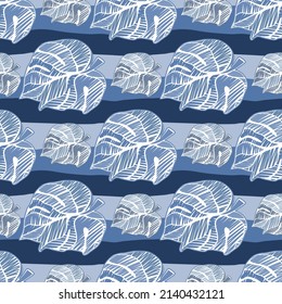 Hand drawn embroidery monstera leaves tropical seamless pattern. Palm leaf endless wallpaper. Creative exotic hawaiian jungle backdrop. Rainforest endless background. Design for fabric, textile print