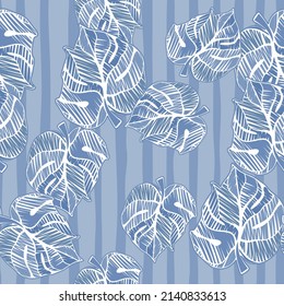 Hand drawn embroidery monstera leaves tropical seamless pattern. Palm leaf endless wallpaper. Creative exotic hawaiian jungle backdrop. Rainforest endless background. Design for fabric, textile print