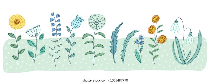 Hand drawn embroidery pattern with fantasy flowers. Vector illustration of embroidery and textile applique. Art quilt. Ornamental floral background for fashion textile, fabric, invitation card.
