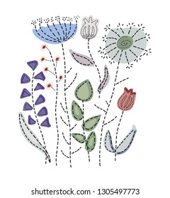 Hand drawn embroidery pattern with fantasy flowers. Vector illustration of embroidery and textile applique. Art quilt. Ornamental floral background for fashion textile, fabric, invitation card.