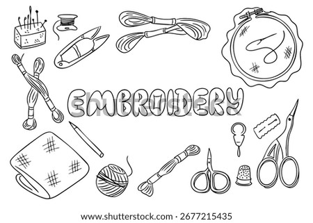 Hand drawn embroidery tools and materials in black and white style with lettering in the center. Creative hobby concept showing traditional needlework and handmade crafting elements