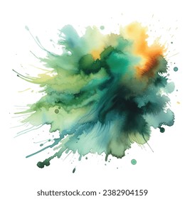 Hand drawn emerald green yellow watercolor splash splatter stain brush strokes pattern. Modern colorful artistic grungy aquarelle spot. Trendy isolated design. Element. Vector watercolor illustration.