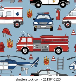 Hand drawn emergency cars seamless vector pattern. Perfect for textile, wallpaper or print design. 