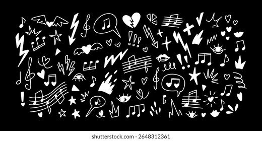Hand drawn emo grunge doodle background. White crayon scribble on the blackboard. Chalk abstract sketch drawings. Line icon set. Star, heart, eye, music note, fire shape. Punk rock concept