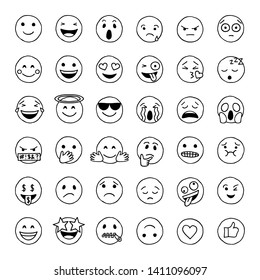 Hand drawn emoji in black and white, social media emoticons