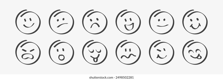 Hand drawn emoji brush collection. Abstract emotions faces. Various mood. Vector illustration