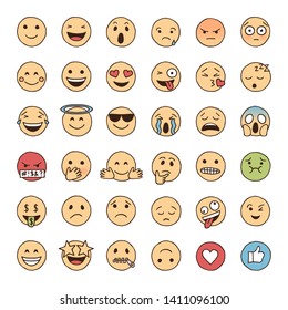 Hand drawn emoji in colour, social media emoticons