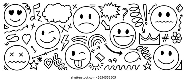 Conjunto de Elementos de emoji y doodle dibujados a mano. Diversa emoción dibujada a mano y garabatos de acento