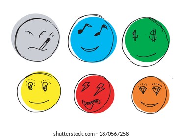 Hand drawn emoticon set, vector on white background.