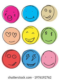Hand drawn emoticon set, vector on white background.