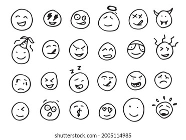 Hand drawn emoticon set, vector on white background.