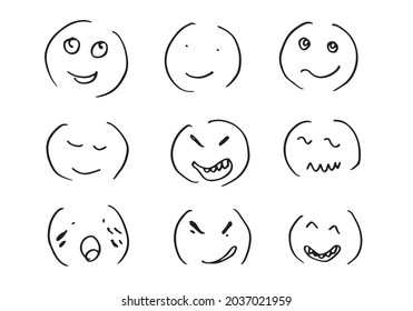 Conjunto de emoticonos dibujados a mano, vector sobre fondo blanco.