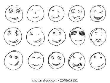 Hand drawn emoticon set, vector on white background.