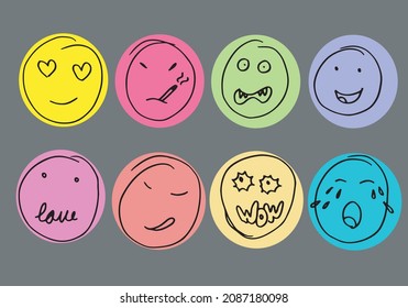 Hand drawn emoticon set, vector on gray background.