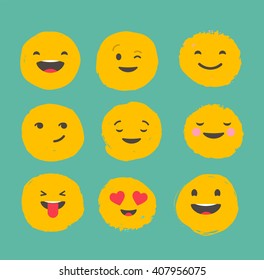 Hand drawn emoticons, colorful emoji icons with communication speech bubbles