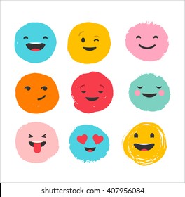 Hand drawn emoticons, colorful emoji icons with communication speech bubbles