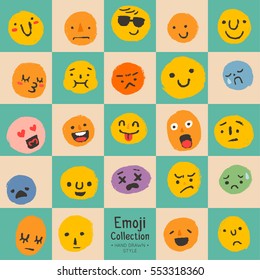 Hand drawn emoticons, colorful emoji icons, vector illustration.