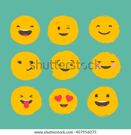 Hand drawn emoticons, colorful emoji icons with communication speech bubbles