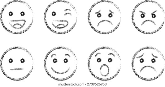 Conjunto de emoticonos dibujados a mano con diferentes expresiones. Incluye caras felices, tristes, enojadas, sorprendidas, neutrales y confundidas.