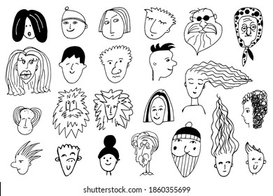 Emoticonos dibujados a mano, carteles sonrientes, diferentes expresiones faciales. Cabezas de doodle y colección de caras con la ilustración vectorial de emociones