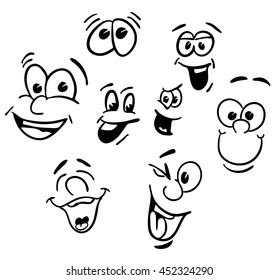 Hand drawn Emotional happy Cartoon Faces, Vector Outline Illustrations. Various character expressions. Black and white. Useful for any kind of advertising in web and print.