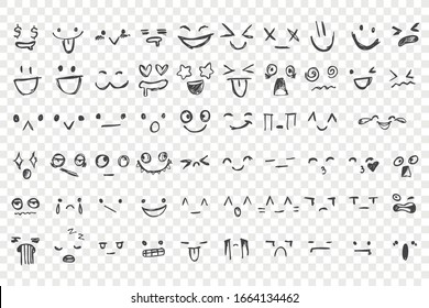 Hand drawn emotions set. Face expressions, happy, sad mood. Laughing faces, smiling mouths, crying eyes. Doodle different moods, positive and negative human feelings. Vector illustration