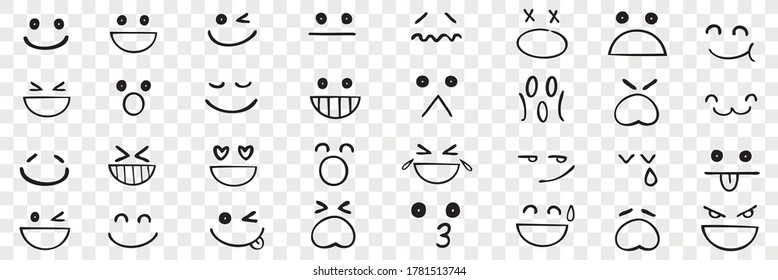 Hand drawn emotions set. Face expressions happy or sad doodles or laughing faces smiling mouths crying eyes. Different mood positive and negative human feelings illustration.