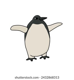 Hand drawn Emperor penguin drawing. An animal of Antarctica isolated on the white background. Cartoon doodle line character