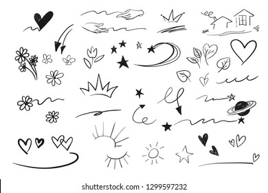 Hand drawn emphasis elements, black on white background. Vector symbols and logo. Arrow, heart, love, hand made, homemade, star, leaf, sun, light, flower, daisy, graffitti crown, king, queen